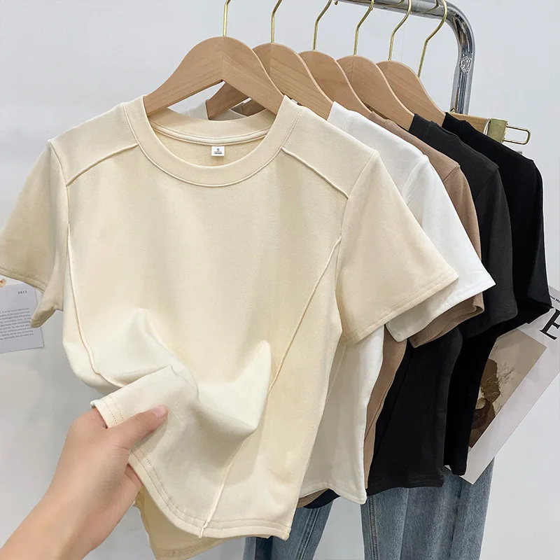 

Solid color round-neck short-sleeved slim T-shirt for women 2023 summer and Europe new western-style aging fishbone short should