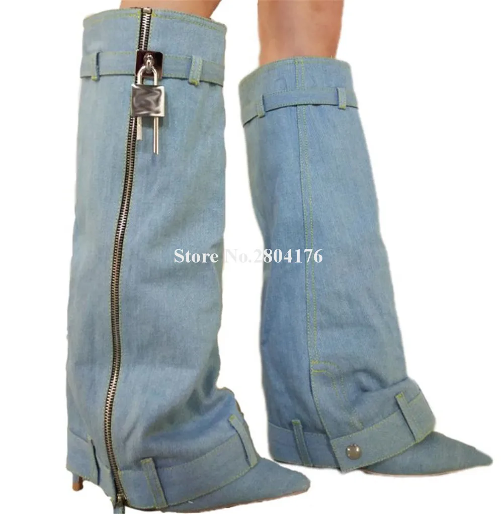 

Декорированные джинсовые сапоги до колена с декоративными застежками на тонком каблуке, синие, черные джинсовые сапоги до колена с острым носком, высокие сапоги на шпильке