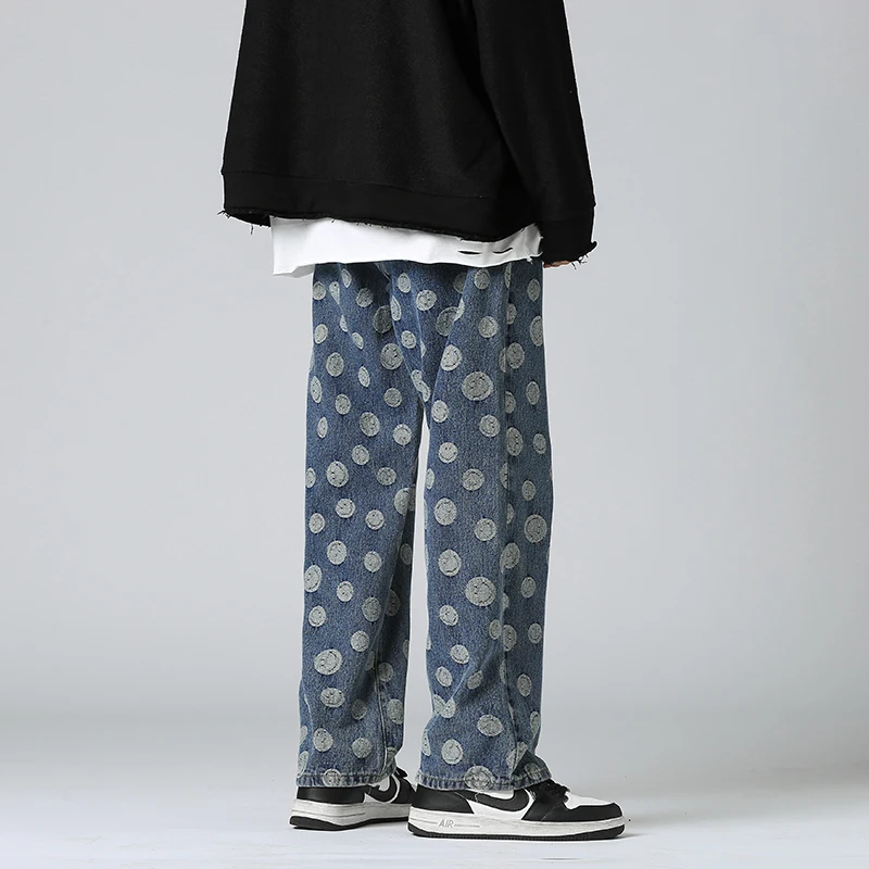 Smiling Face Line Jacquard Jeans Men's Loose Straight Tube All-round Student Pants American Leisure Street Loose Jeans