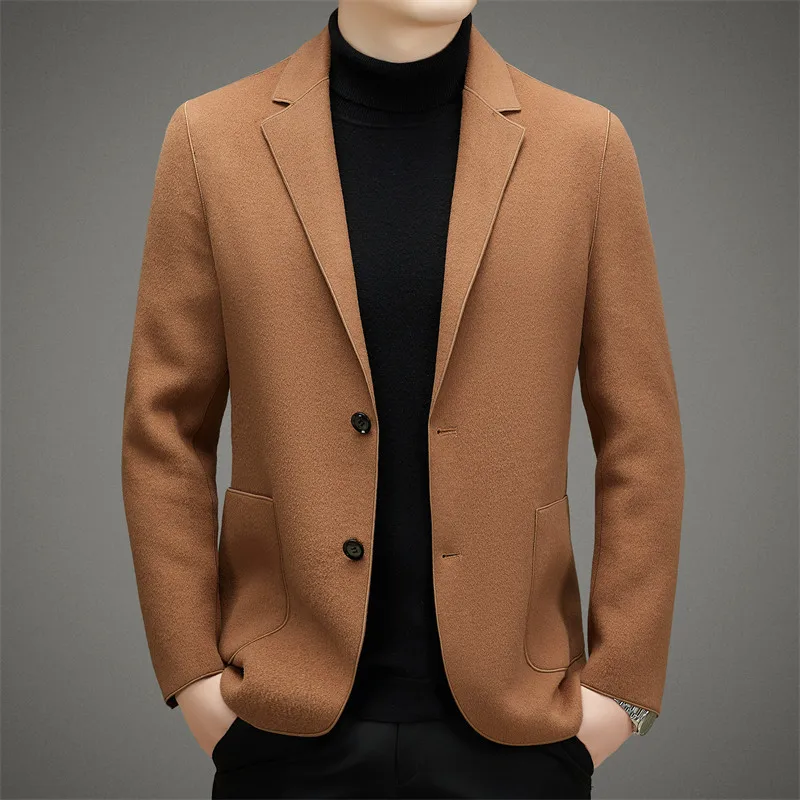 

Chic Men's Wool Suit Jackets 2023 Autumn Winter New Khaki Black Business Casual Single-Breasted Coats Simple Fashion Male Blazer