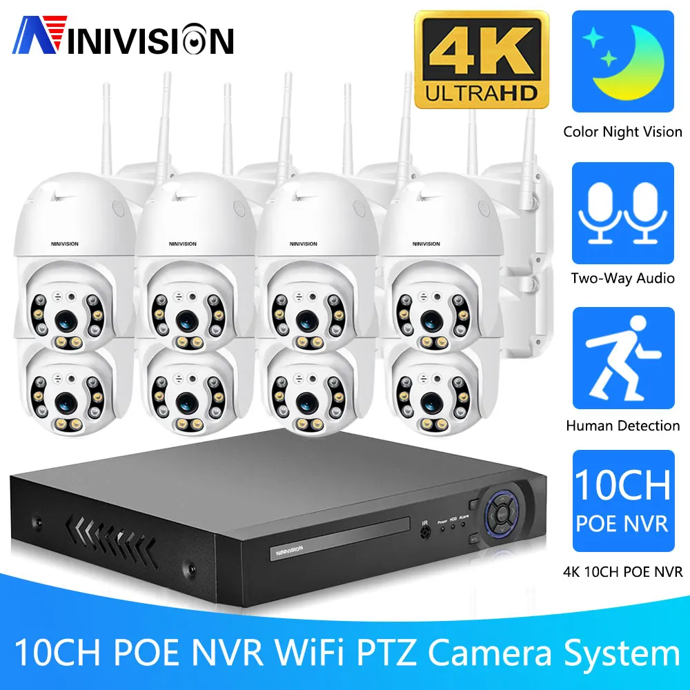 

8MP 4K PTZ IP Camera Auto Tracking Human Detection Color Night Vision CCTV Outdoor Wifi Video Surveillance 10CH NVR System ICSEE