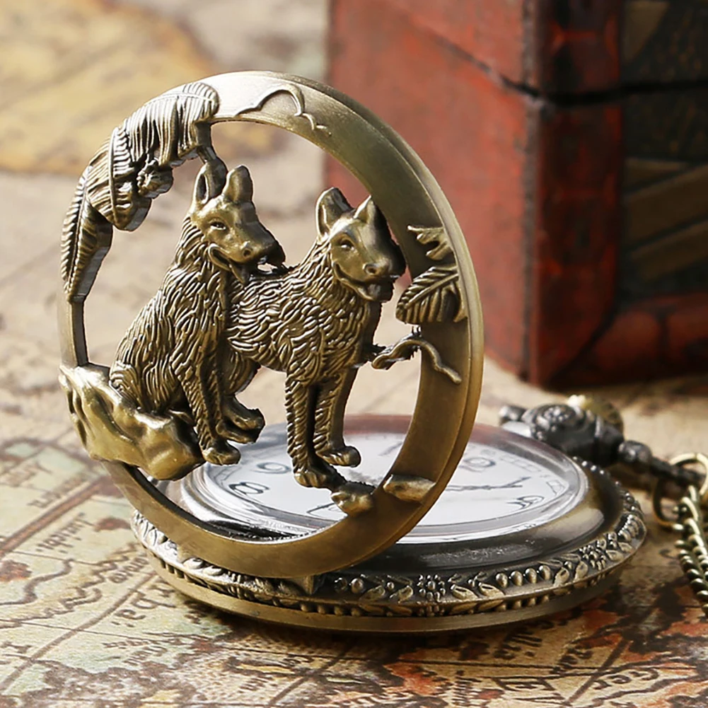 

Antique Bronze Cool Hound Wolf Dog Design Hollow Quartz Pocket Watch Necklace Pendant Watches Women Men Gifts Relogio De Bolso