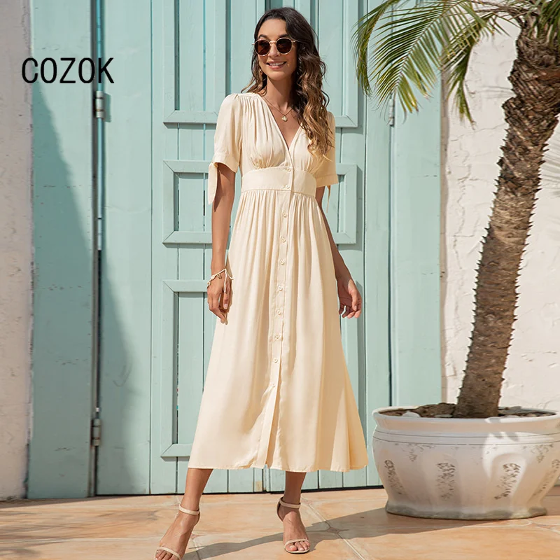 

2022 New Arrival Women's Casual Slim Fit Long Dress V Neck Bandage Sleeve Solid Color Button Long Elegant Dress Summer
