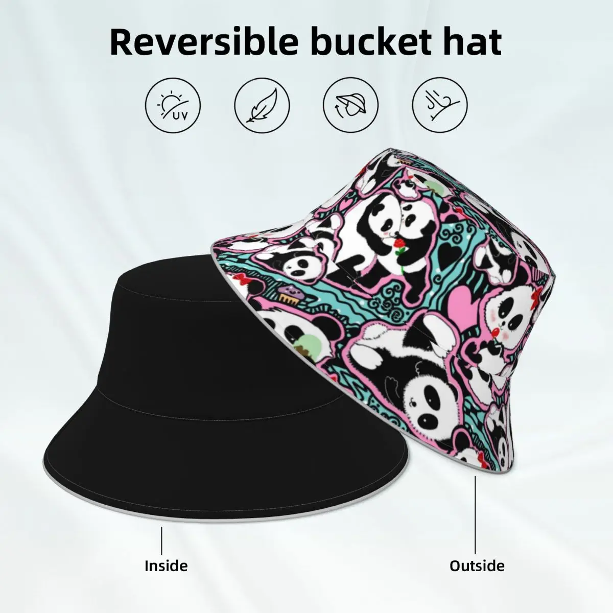 

Panda Bear Baby Bucket Hat Kawaii Animal Print Reversible Unisex Reflective Fisherman Hats Fashionable Harajuku Sun Hat