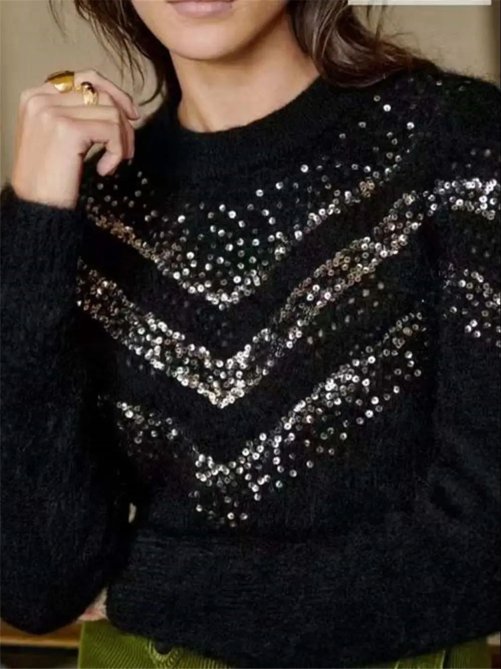 

Женский мохеровый свитер с круглым вырезом, Черный винтажный джемпер из смеси шерсти с блестками для ранней весны 2023
