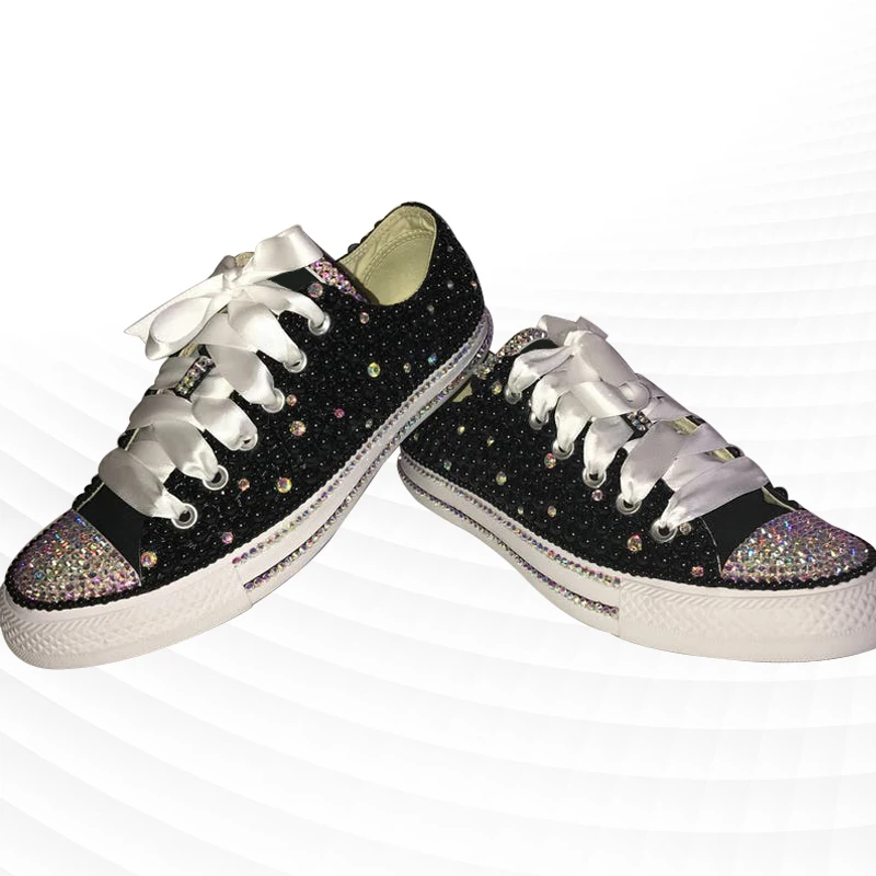

Black low-top custom pearl lace men's and women's plus-size casual sneakers 35-46
