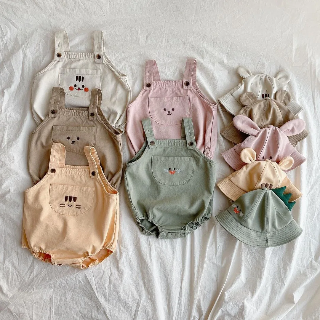 

Newborn Baby Boy Cute Cartoon Squirrel Overalls Fashion Soft Infant Girl Bear Cotton Sleeveless Bodysuit Lace-up Bucket Hat