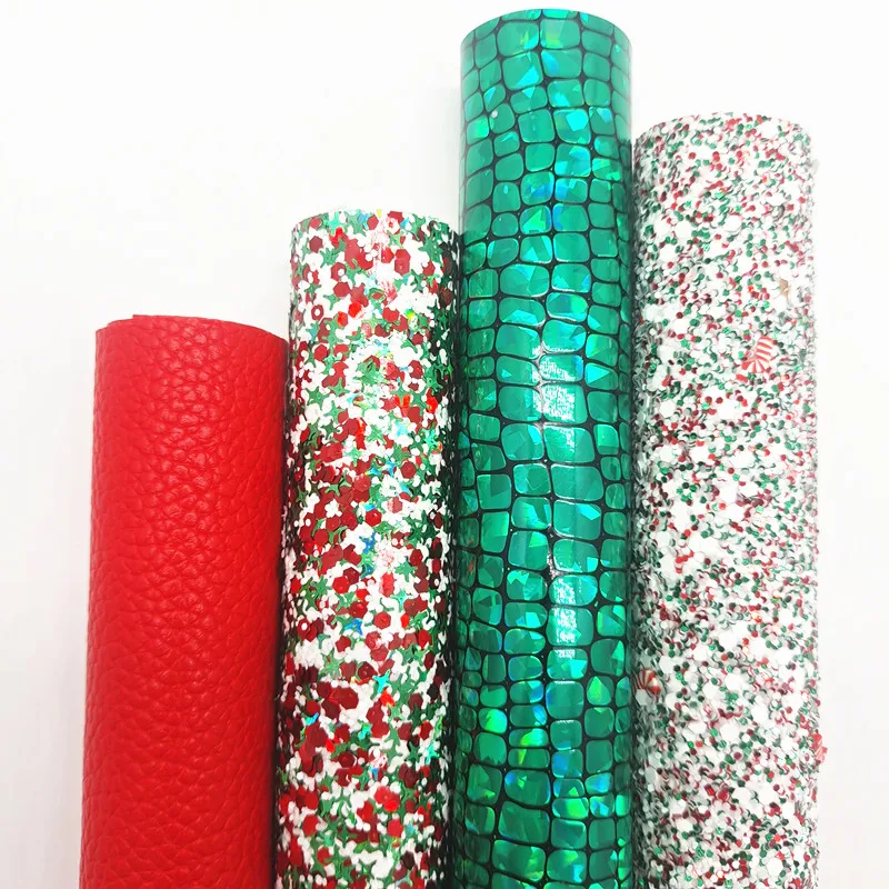 4PCS/SET Christmas Chunky Glitter Vinyl Fabric Matching with Red Litchi Green Crocodile Grain Leather For Bows DIY 21X29CM Q003