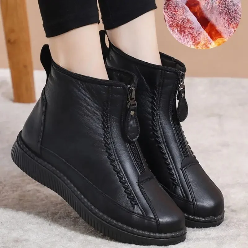 

2023 Winter Women Ankle Boots Fashion Warm Mother's Boots Flat-Bottom Comfortable Non Slip Front Zipper Closure Female Footwear
