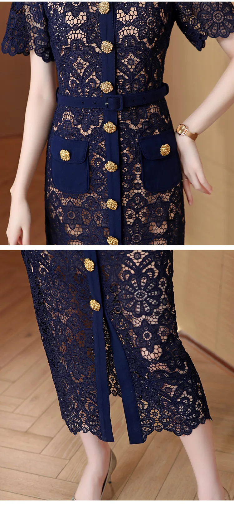 Новинка лета 2023 синее шелковое платье с вышивкой Женские французские длинные