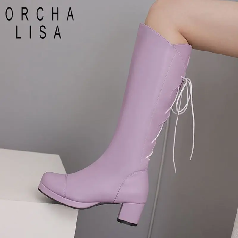 

ORCHA LISA Brand Women Knee High Boots Round Toe Block Heels 5cm Zipper Lace Up Plus Size 48 49 50 Fashion Female Dating Booties