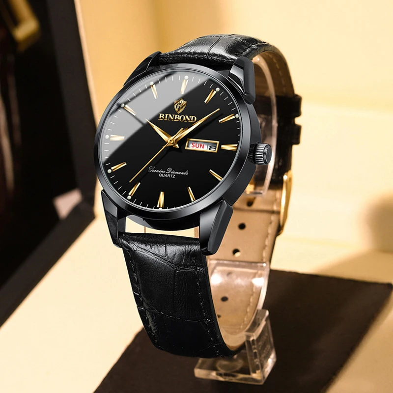 BINBOND Lover Watches Top Brand Luxury Couple Quartz Watch Waterproof Leather Watch Strap Watch for Women and Men Couple Gift