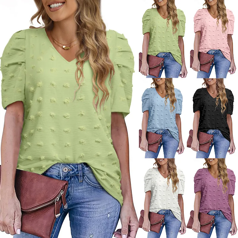 

European and American fashion women's summer 2022 New V-neck Chiffon bubble sleeve casual loose short sleeve T-shirt