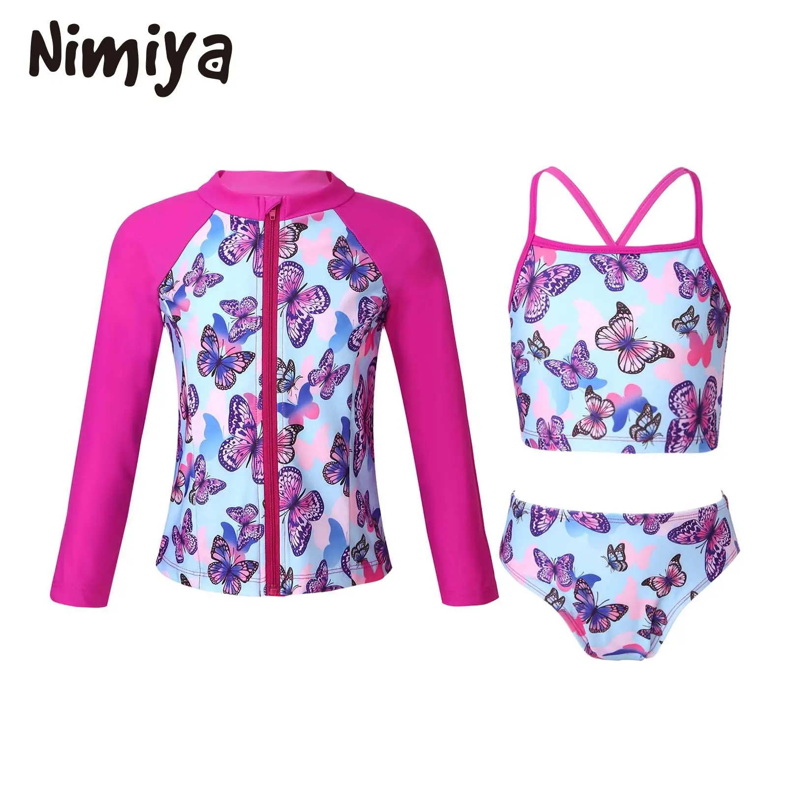 

Nimiya Kids Girls 3Pcs Summer Beach Swimwear Set Long Sleeves with Front Zipper Closure Coats /Tops/& Briefs Bathing Swimsuits