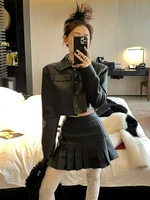 autumn korean leather 2 piece sets women outfits high street chic biker leather jacket casual folds mini skirt ladies sexy sets