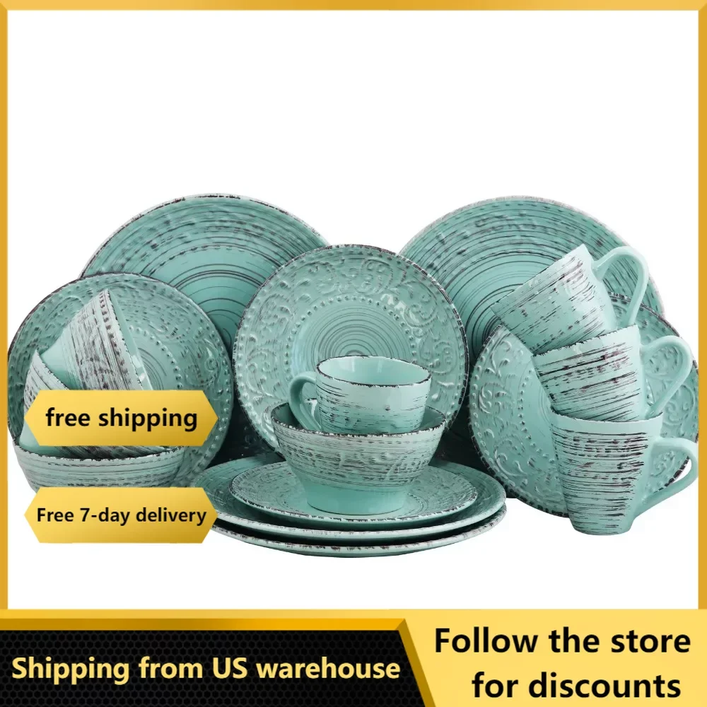 

Malibu Waves 16-Piece Dinnerware Set in Turquoise Plate Free Shipping Complete Tableware Plates Utensils for Kitchen Accessories