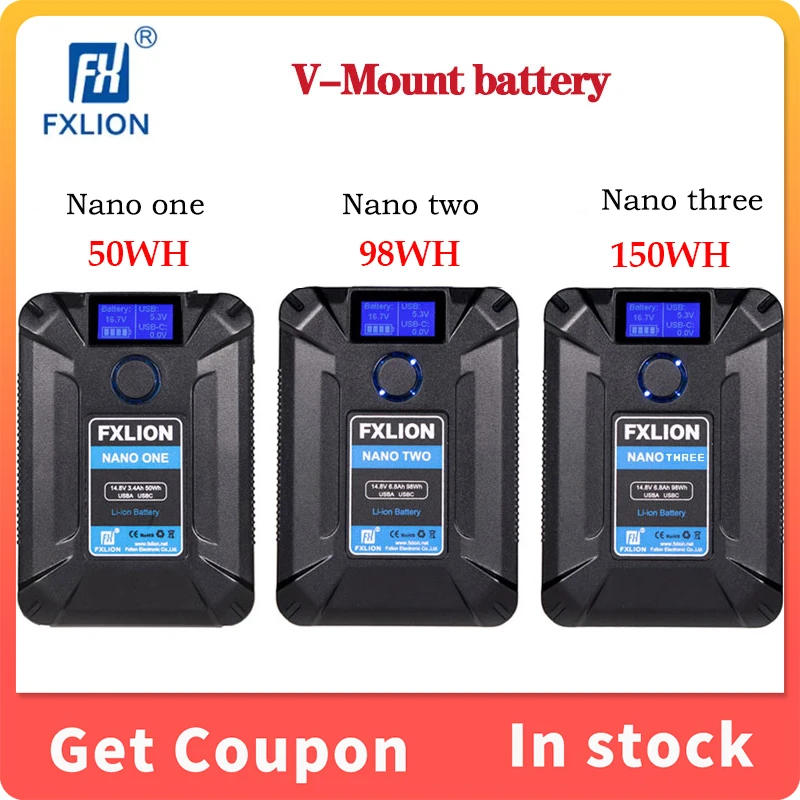 

FXLION NANO One/Two/Three V-Mount Spare Battery with Type-C, D-tap, USB A, 14.8V 150Wh Micro For Cameras, Camcorders,Large LED