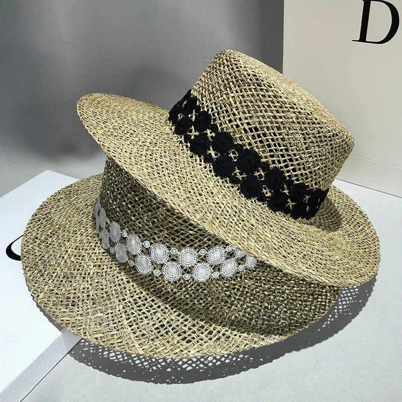 Natural Grasses 2022 Summer Straw Hat Women Lace Beach Cap Visor Protection Sun Hats Wide Brim Sunhat Chapeau Femme
