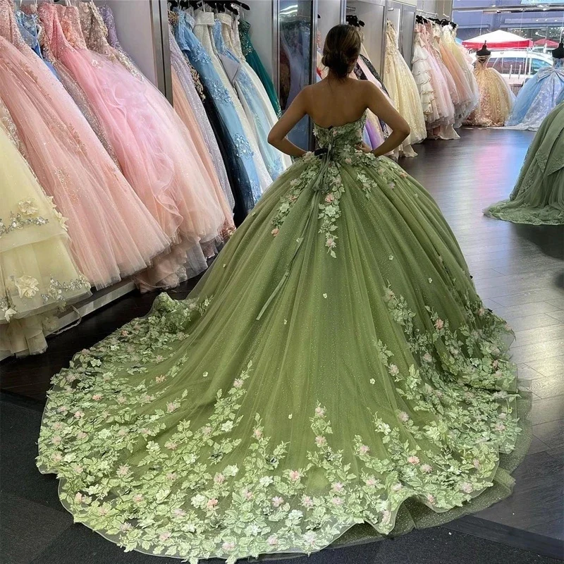 Зеленое бальное платье Quinceanera Платья Блестящие блестки Бисероплетение 3D