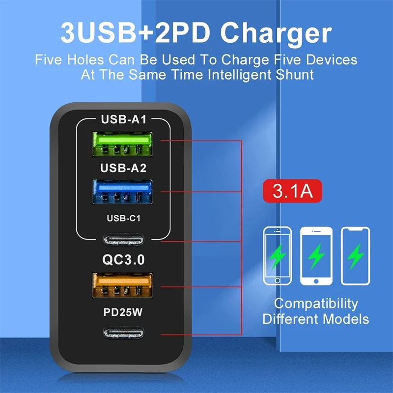 65W USB Charger 5 Ports Type C Fast Charging QC3.0 Power Adapter For iPhone 15 Samsung Xiaomi Quick Charge Wall Chargers