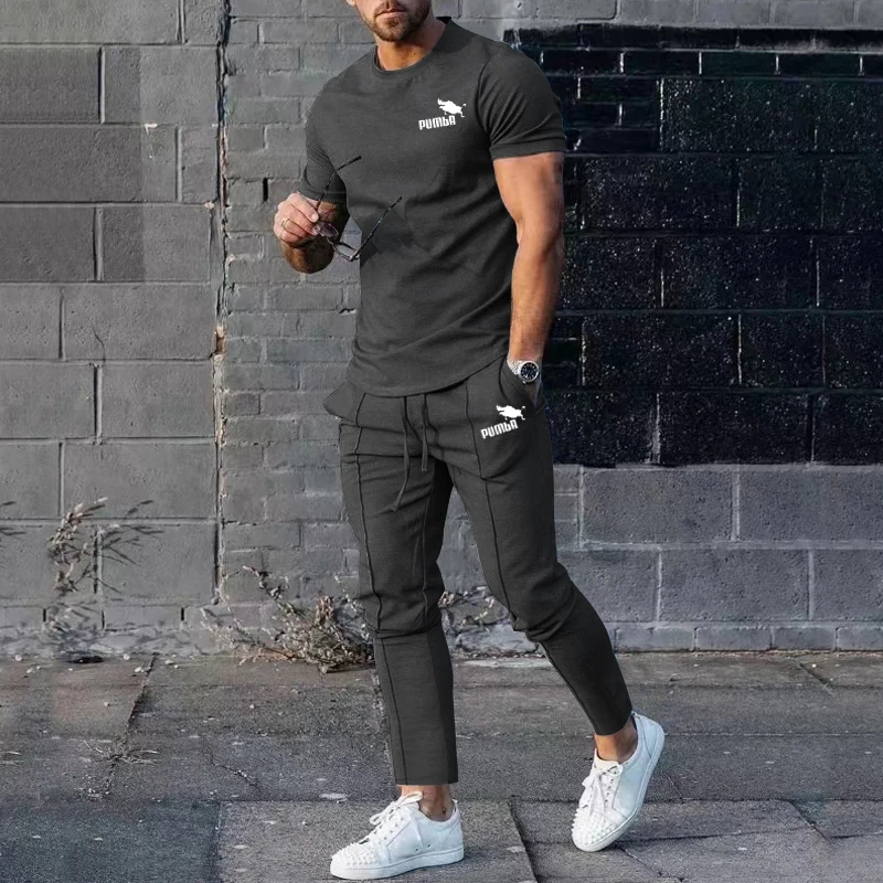 2023 New Youth Casual Round Neck Printed Short Sleeve + Sports Straight Trousers High Quality Suit