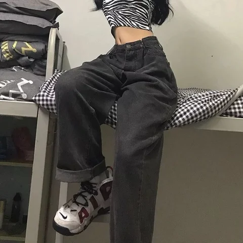 Womens Distressed Jeans High Waist Jeans Women High Street Retro Streetwear Black High Waist Pants Women Loose Jean 2021 Summer