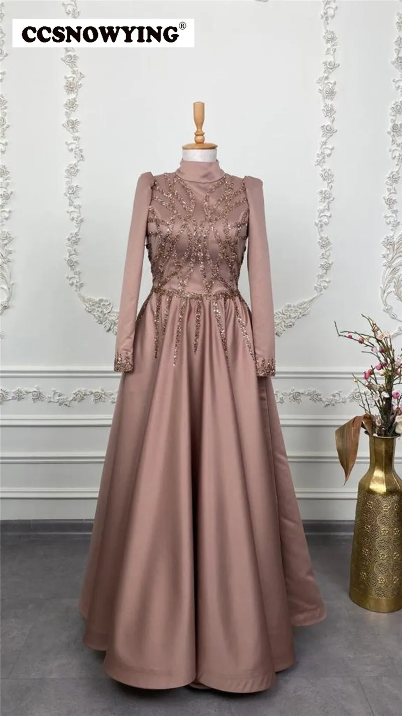 

Dusty Rose Satin Beaded Muslim Hijab Evening Dresses Arabic Dubai Full Sleeve Prom Formal Party Gown A Line Robes De Soirée