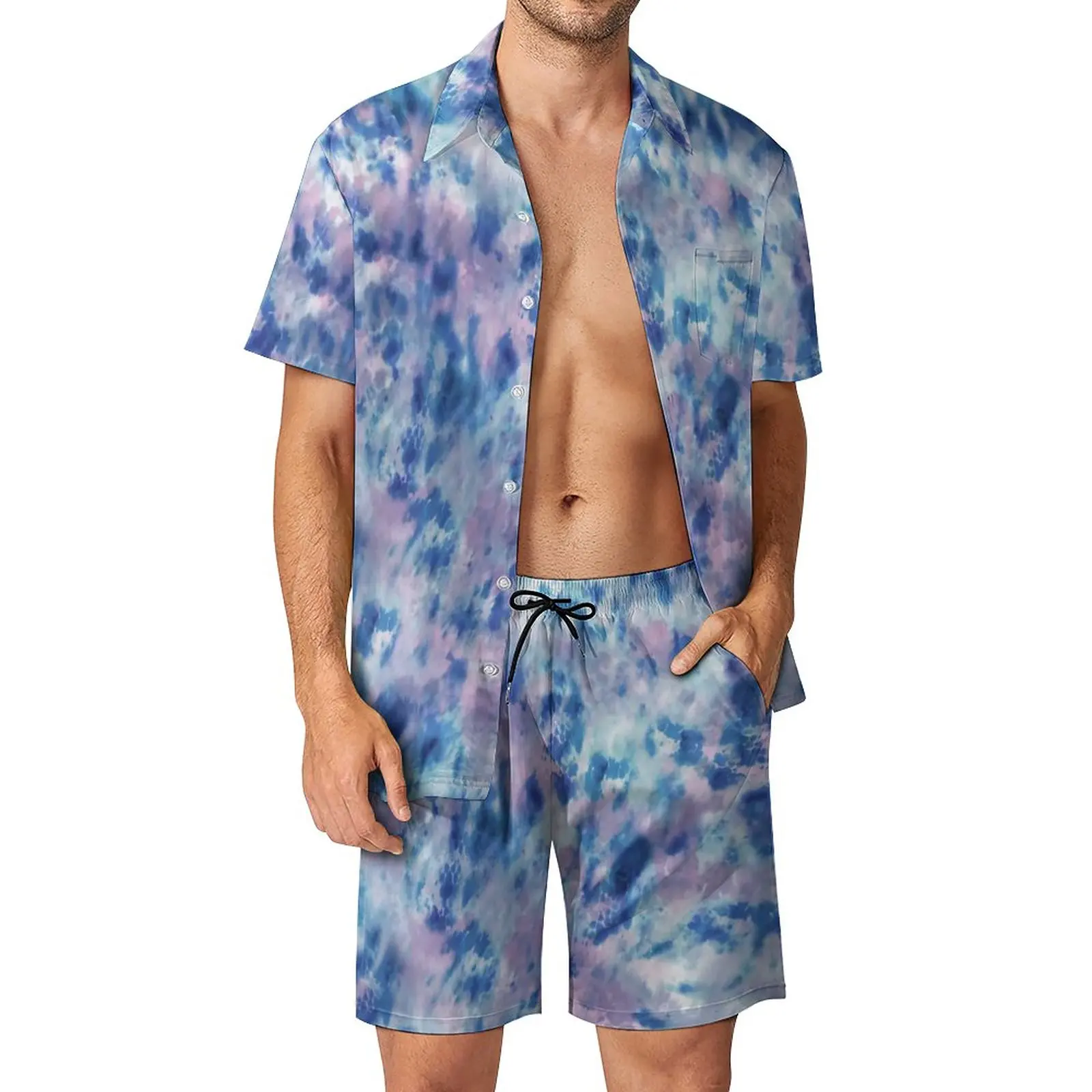 

Мужской комплект из 2 предметов Tie Dye, голубой и розовый повседневный комплект рубашки в эстетическом стиле, винтажная пляжная одежда, шорты, ...