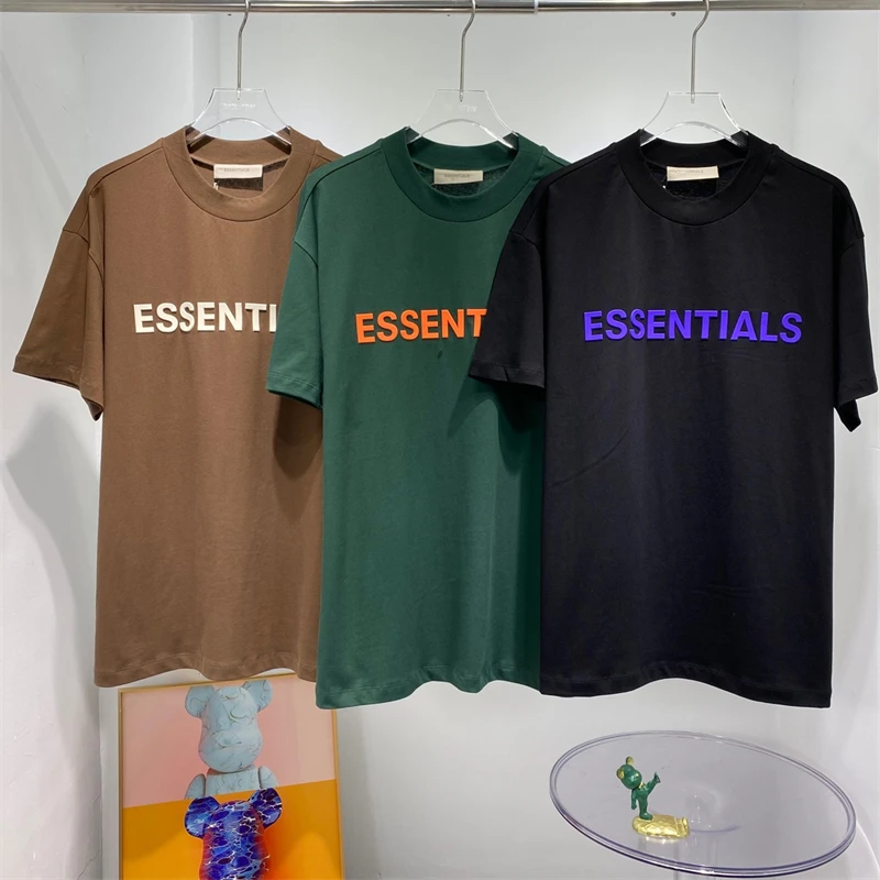 

New Black Brown Green Boxy ESSENTIALS T-Shirt Men Women 1:1 3D Adhesive Logo Print T Shirt Oversize Casual Tops Tee gym