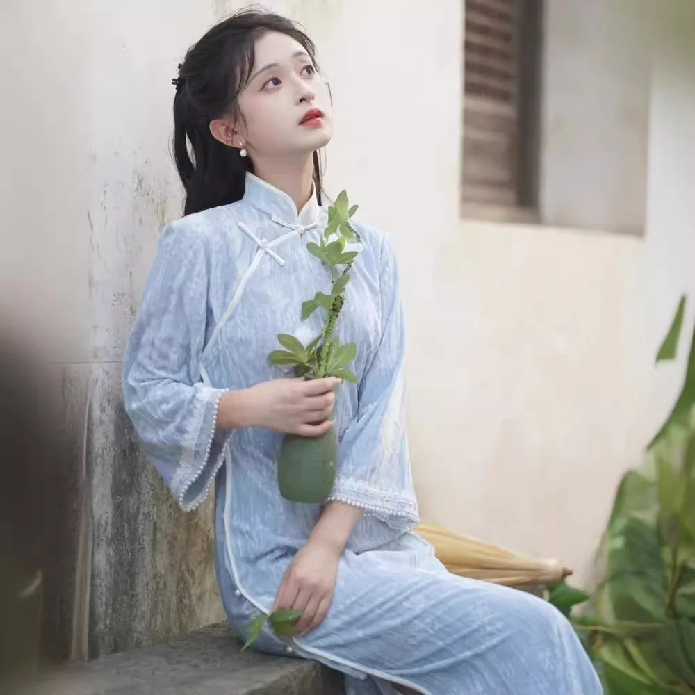 2024 женское новогоднее синее платье Cheongsam в китайском стиле улучшенное винтажное