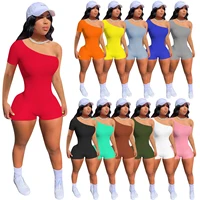 2022 casaul women jumpsuit one shoulder bodysuit solid color knit ribbed sportwear short romper women jumpsuit overalls