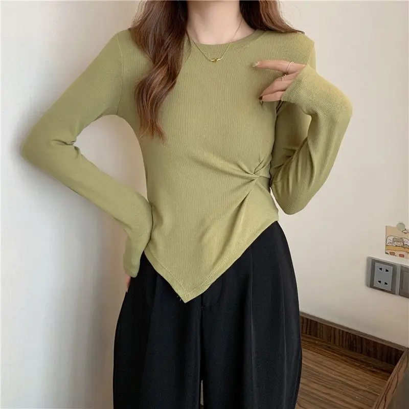 

Новинка 2023, футболка из полиэстера с круглым вырезом, Женская Осенняя Модная рубашка с длинным рукавом, женская футболка, свободные женские рубашки в Корейском стиле #7500