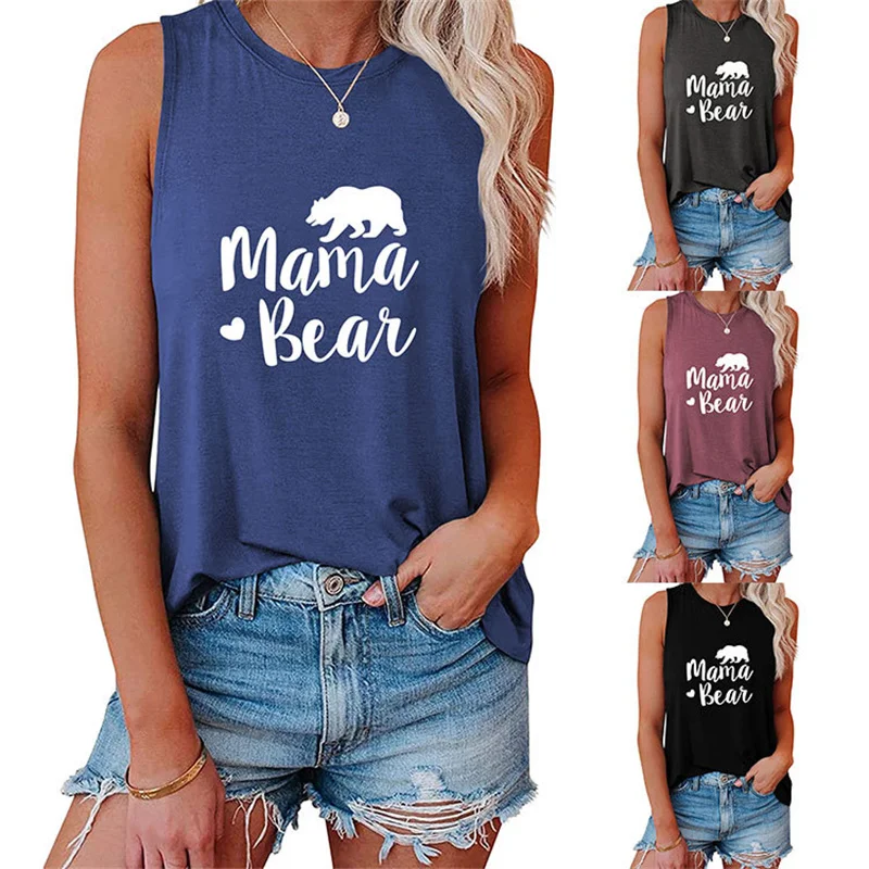 

New summer casual fun mama bear alphabet print vintage round neck fashion T-shirt large tank top
