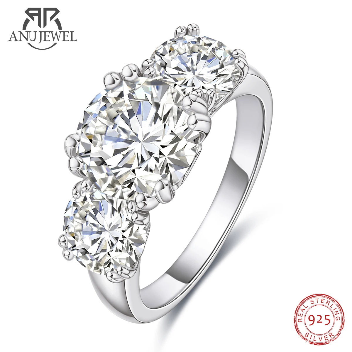 AnuJewel  5ct Total  D Color Moissanite Three Stone Engagement Ring 925 Silver Rings 18K Gold Plated Jewelry Wholesale