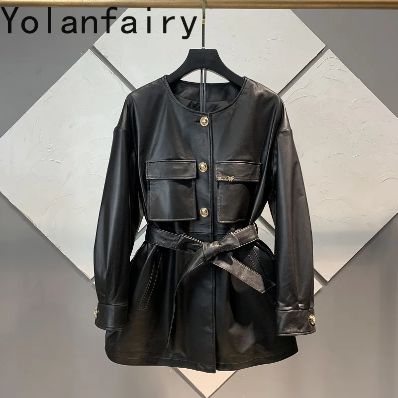 Женская кожаная куртка средней длины черная однобортная из 2024 натуральной