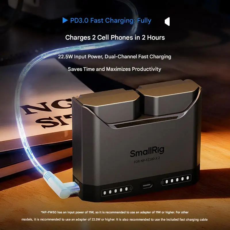 Фото Зарядное устройство Smallrig 22W с двумя слотами для аккумуляторов камер, совместимое с Sony/Canon/Nikon/Panasonic NP FZ 100 FW50 LP E6NH EN-EL15c, портативное №2