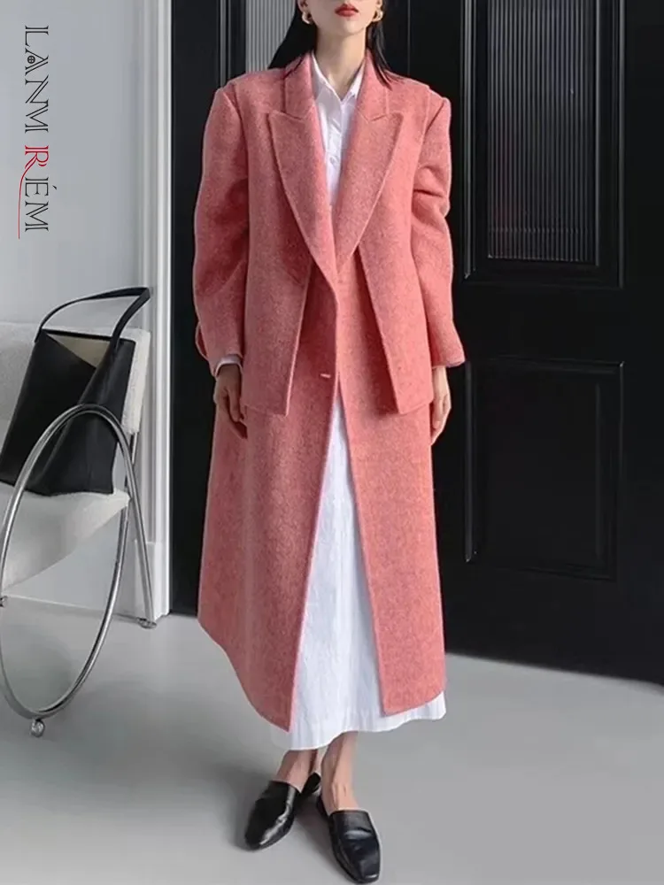 

LANMREM Winter New Korean Style Wool Coat Women Notched Collar Solid Color Double Breasted Long Jackets 2023 Clothing 2AA3382