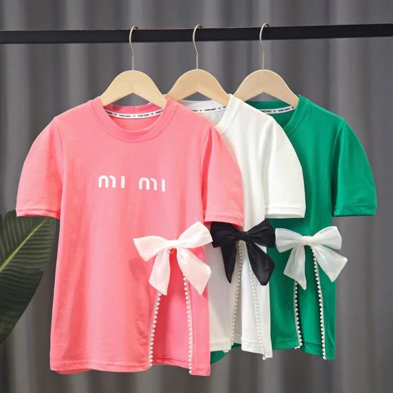 

Girls T-shirt Dress Summer 2022 New Princess Kids Solid Color Bow Dresses for Children's Fashion Clothing 1-16Y