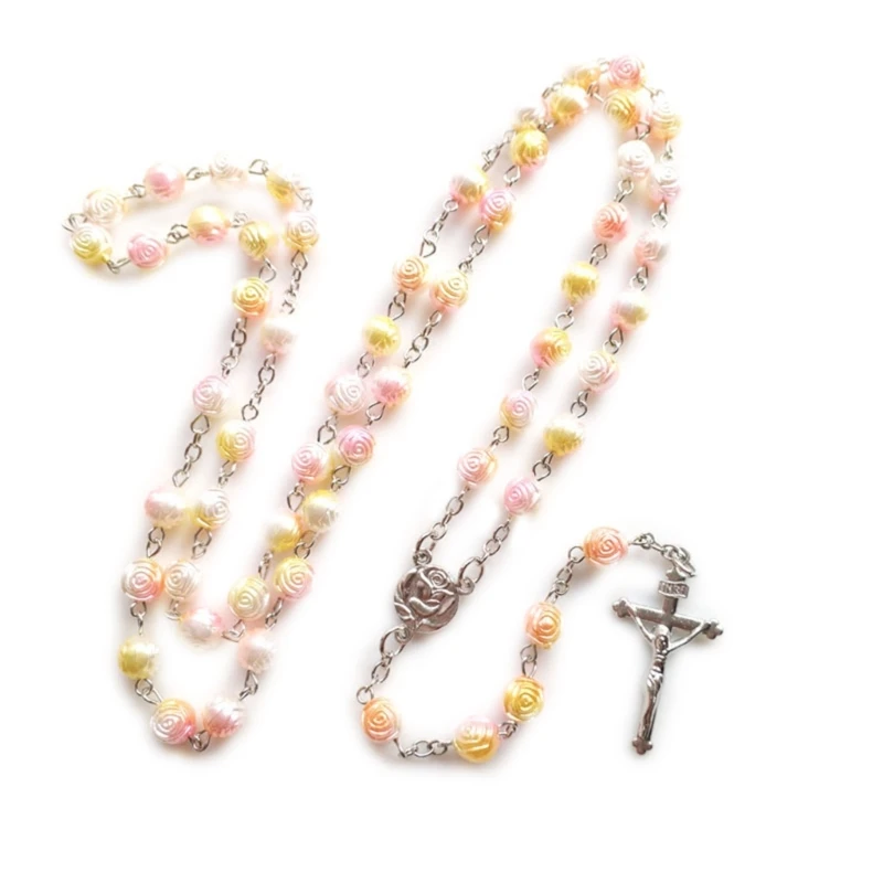 

Rosary Necklaces Catholic Crucifix Pendant Rose Flower Long Necklaces Religious Jewelry Prayer Gift for Women Dropship