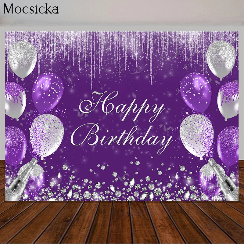 

Photography Backdrops Purple And Silver Happy Birthday Photo Background Glitter Silver Diamond Balloon Decor Poster Photo Props