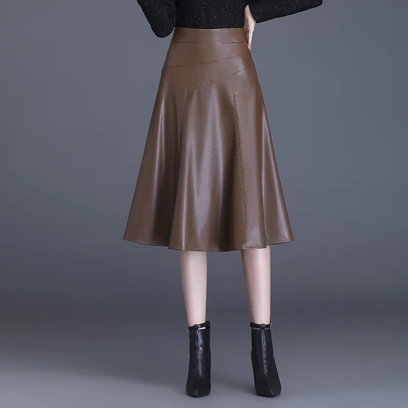 Autumn Winter Women PU Leather Skirt Fashion Side Zip High Waist Black Knee-Length Skirt Office Lady Elegant A-Line Long Skirts