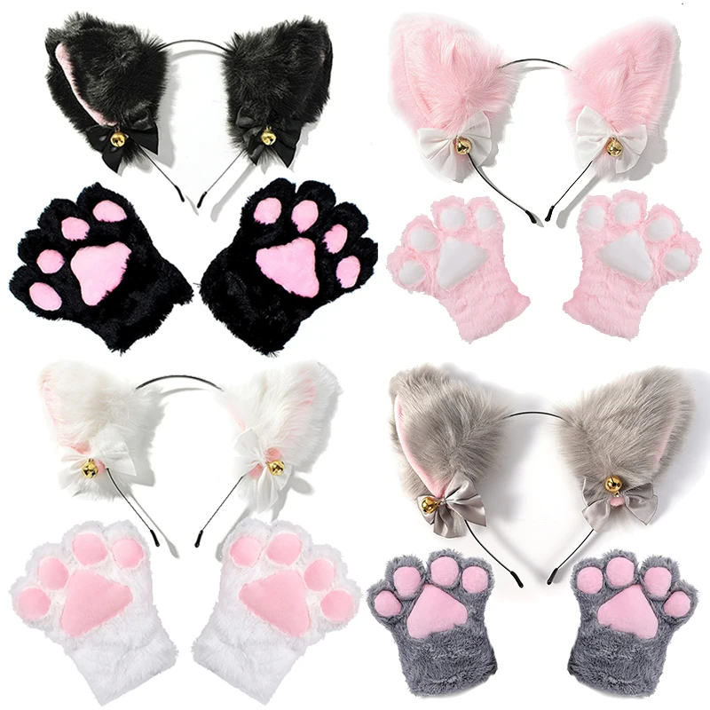 Cat Ear Bow Headband Necklace Cat Claw Gloves Cosplay Plush Bell Hairband Women Girl Masquerade Party Headwear Hair Accessories