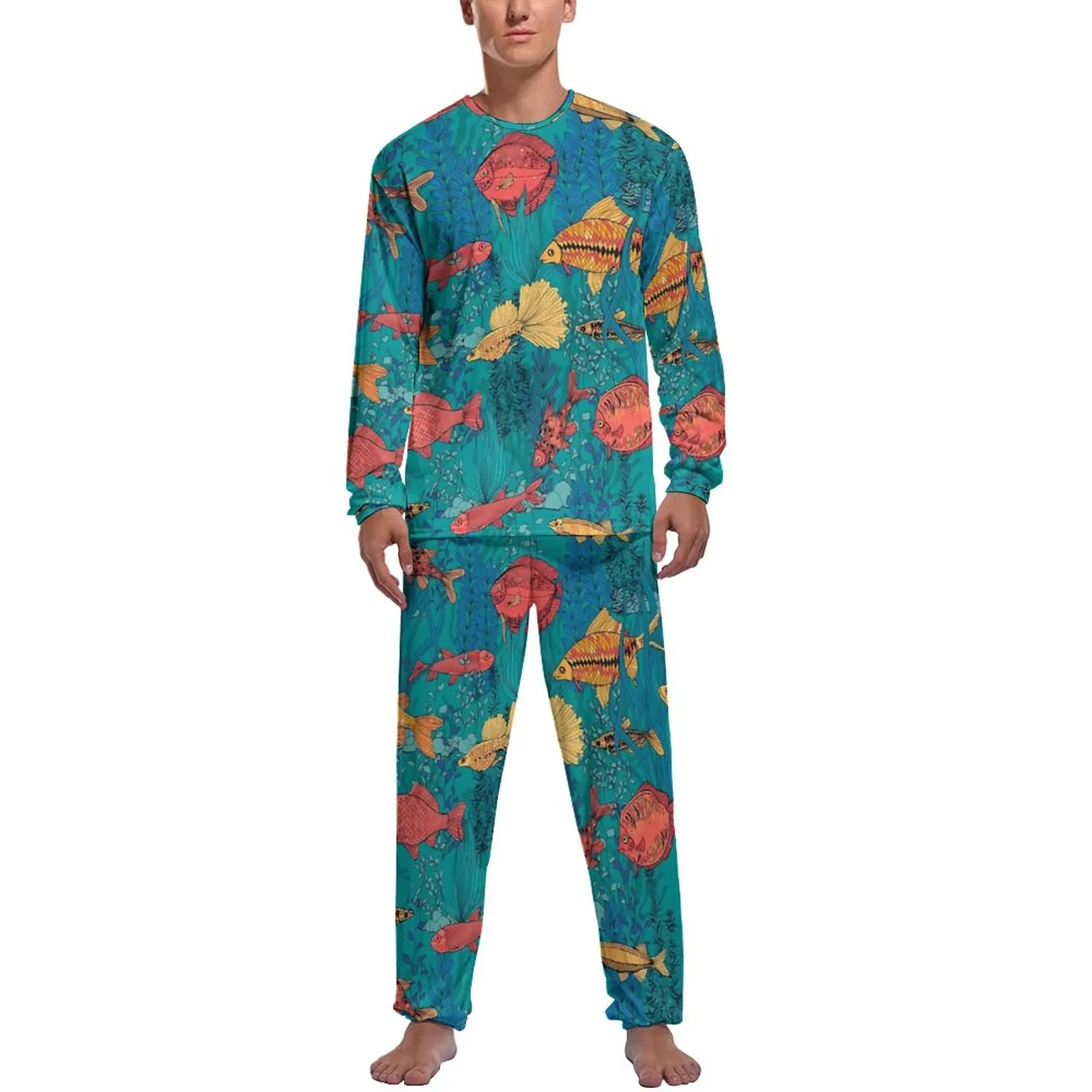 

Tropical Marine Pajamas Spring 2 Piece Fish Garden Cute Pajama Sets Man Long Sleeves Bedroom Design Nightwear