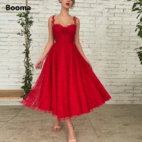 booma red lace midi prom dresses 2022 spaghetti straps sweetheart buttoned tea length wedding party dresses a line formal gowns