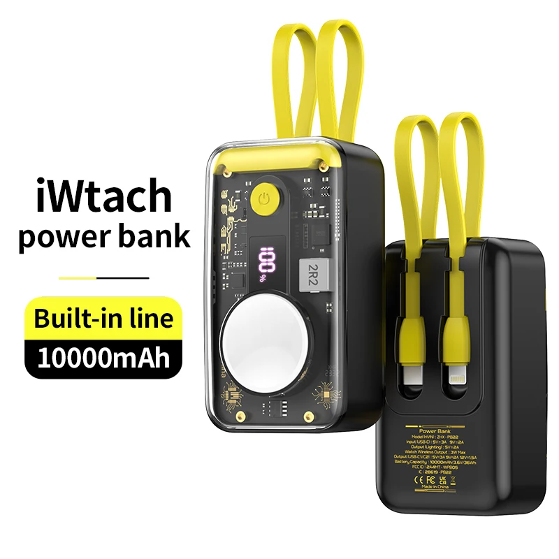 PD20W PowerBank 10000mAh Wireless for Apple Watch with Built-in Cable Digital Display Portable Battery Source iPhone