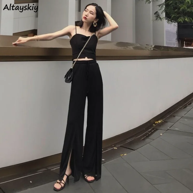 

Casual Pants Women Solid Mopping Slit Elegant Hot Sale Ins 2XL Simple Fashion All-macth Trousers Slim Chic Sexy Lady Ulzzang New