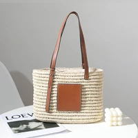 women beach woven straw handbag with adjustable faux leather handle large single shoulder tote bag drawstring basket