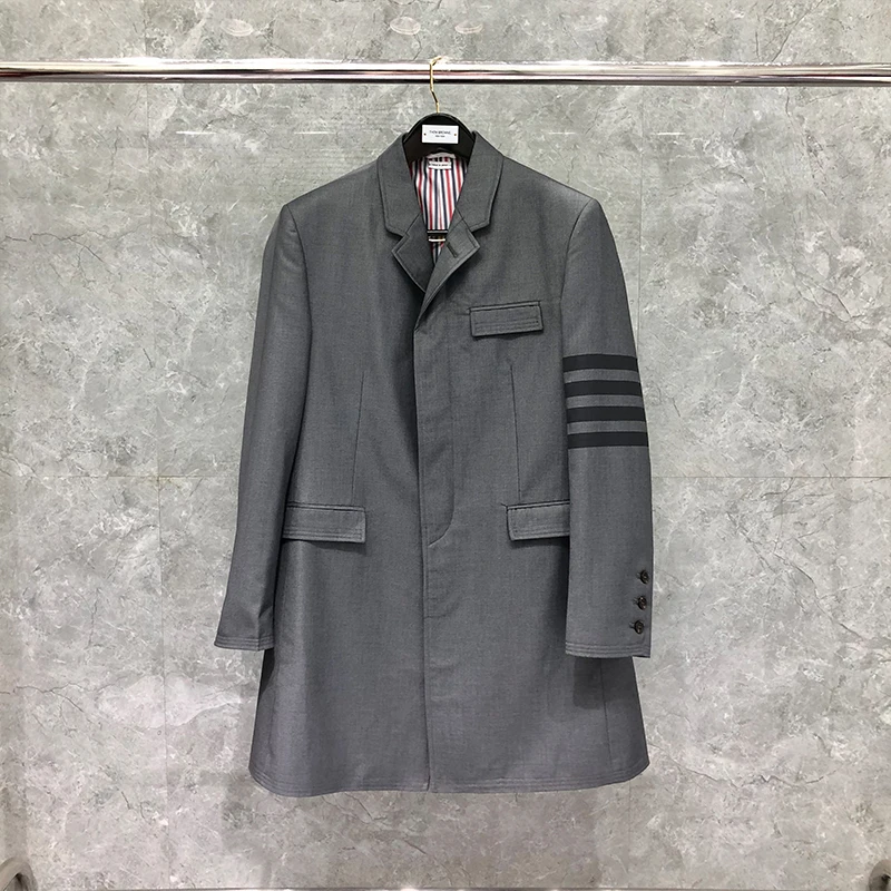 

TB THOM Wool Suit Overcoat Autumn Winter Classic 4-Bar Stripe Men's Jackets Luxury Brand Gray Blazers Coats Long TB Suit Coat