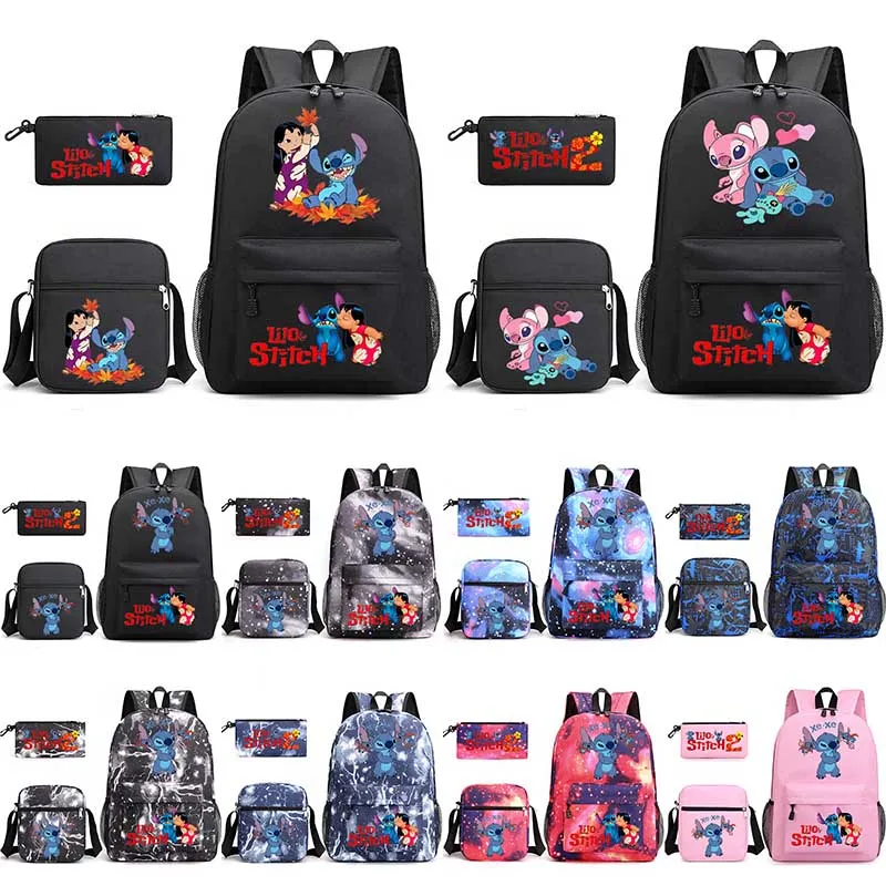 Disney Stitch Backpack Breathable Canvas SchoolBag Cartoon Anime Student Backpack One Shoulder Diagonal Bag Pencil Case 3Pcs/Set