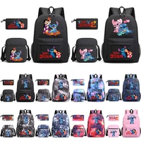 disney stitch backpack breathable canvas schoolbag cartoon anime student backpack one shoulder diagonal bag pencil case 3pcsset